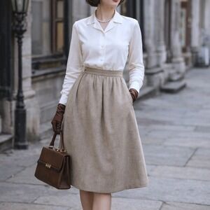 Vintage Gilmore Tan Wool Blend Midi Skirt Pockets Side Zip Womens Size 9/10